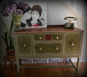 Dora's Buffet. Olive, Primer Red ASCP, with Copper/Patina, 
